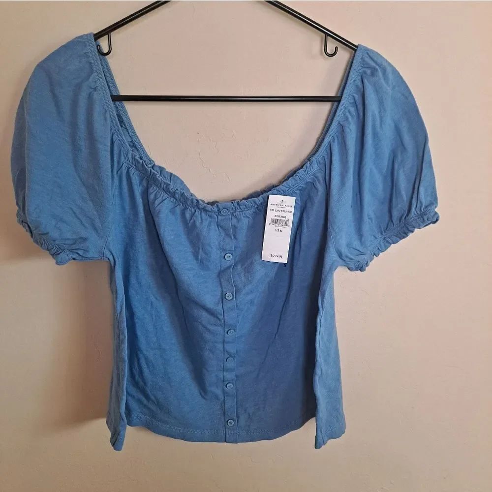 NWT American Eagle Puff Sleeve Button Front Top Blue Size S
